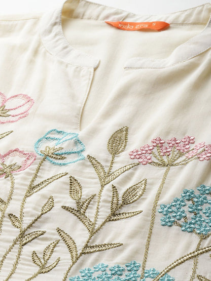 Dhiyona IE Floral Embroidered Empire Thread Work Pure Cotton Kurta with Trousers & Dupatta