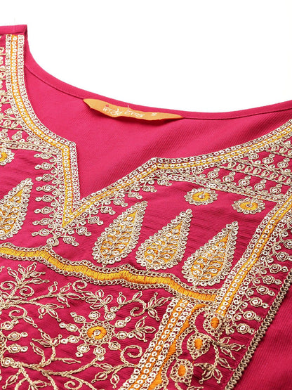 Dhiyona IE Women Ethnic Motifs Embroidered Regular Sequinned Liva Kurta with Trousers & With Dupatta