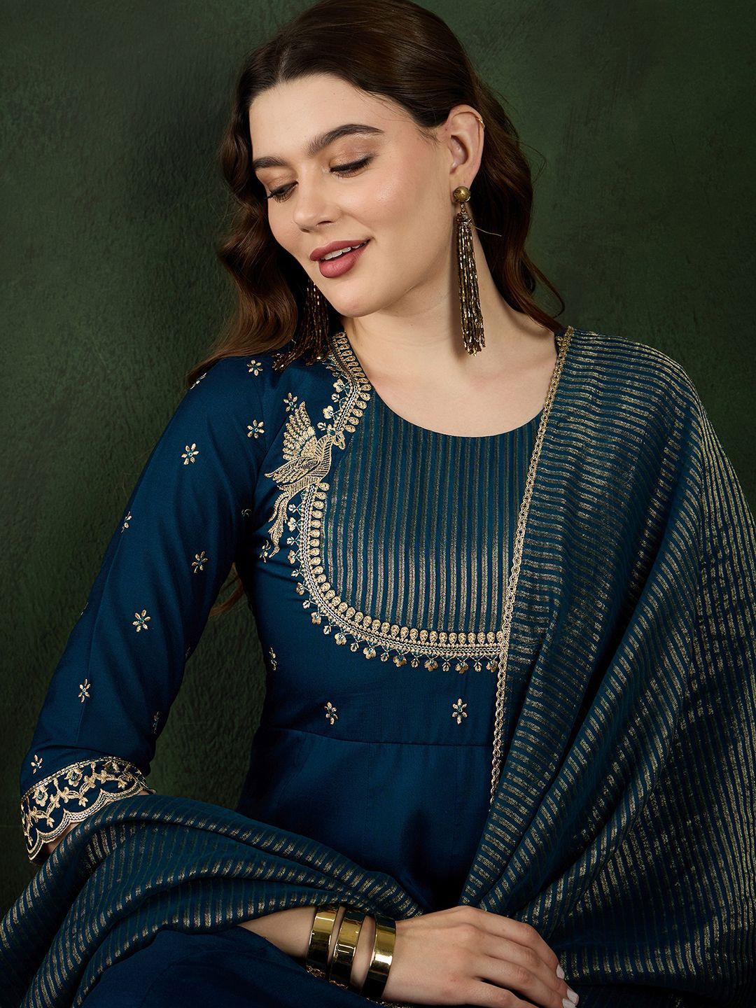 Dhiyona SN Women's Teal Floral Embroidered Regular Anarkali Kurta With Trouser With Dupatta