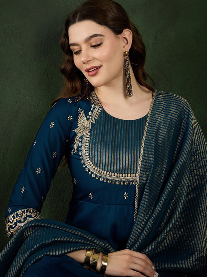 Dhiyona SN Women's Teal Floral Embroidered Regular Anarkali Kurta With Trouser With Dupatta