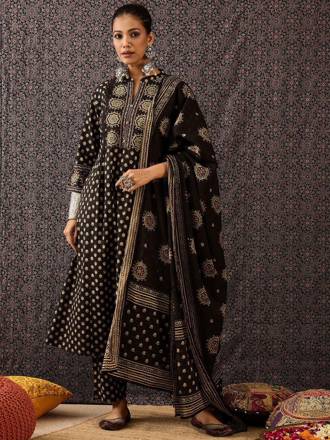 Dhiyona IE Women Ethnic Motifs Embroidered Panelled Thread Work Pure Cotton Kurta with Trousers & With Dupatta