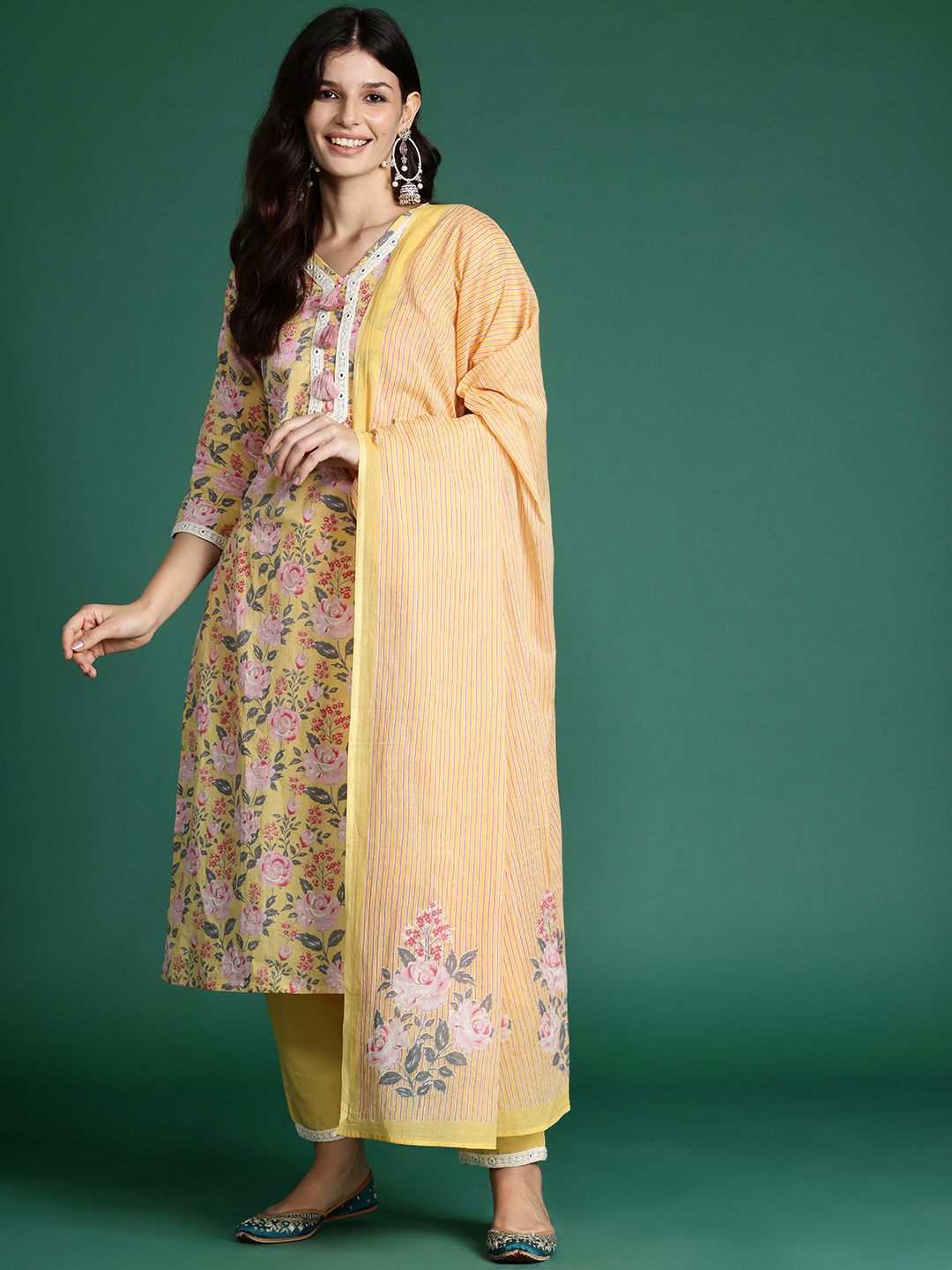 Dhiyona IE Floral Printed Thread Work Pure Cotton Kurta with Trousers & Dupatta