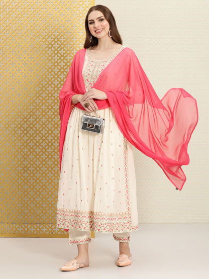 Dhiyona PD Women Women Floral Embroidered Pure Cotton Jashn Kurta With Trousers & Dupatta