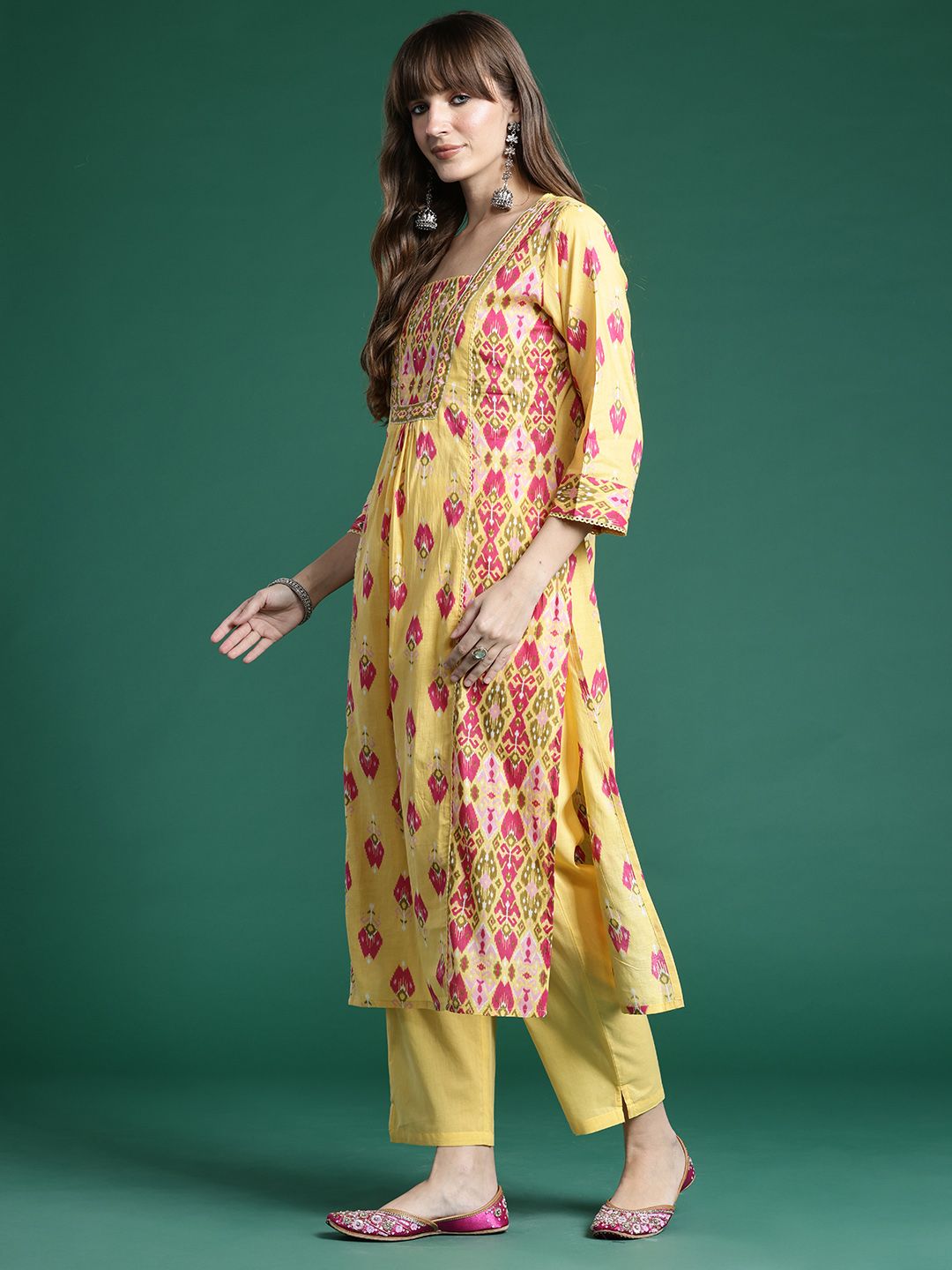 Dhiyona IE Printed Panelled Sequinned Pure Cotton Kurta With Trousers & Dupatta