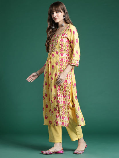 Dhiyona IE Printed Panelled Sequinned Pure Cotton Kurta With Trousers & Dupatta