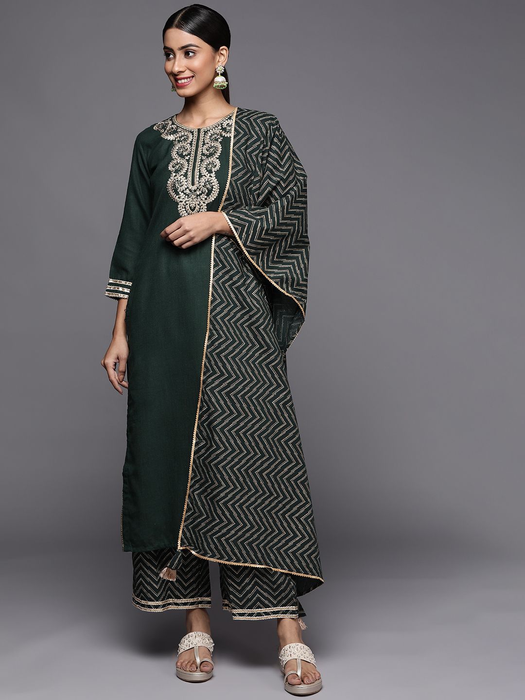 Dhiyona IE Women Green Ethnic Motifs Embroidered Zardozi Liva Kurta with Palazzos & With Dupatta