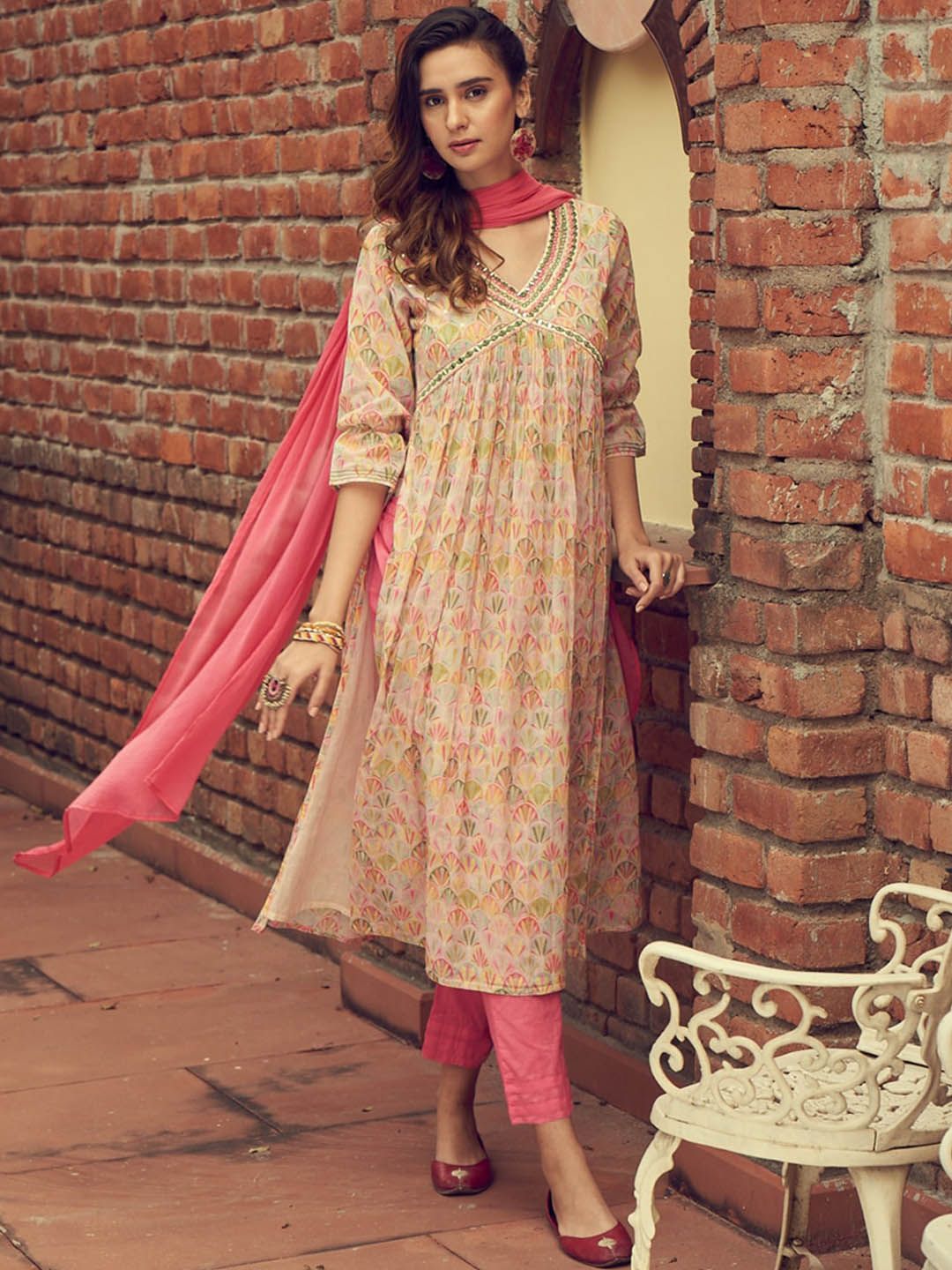 Dhiyona IS Women's Ethnic Motifs Printed Mirror Work Empire Anarkali Kurta with Trousers & Dupatta
