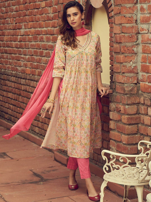 Dhiyona IS Women's Ethnic Motifs Printed Mirror Work Empire Anarkali Kurta with Trousers & Dupatta