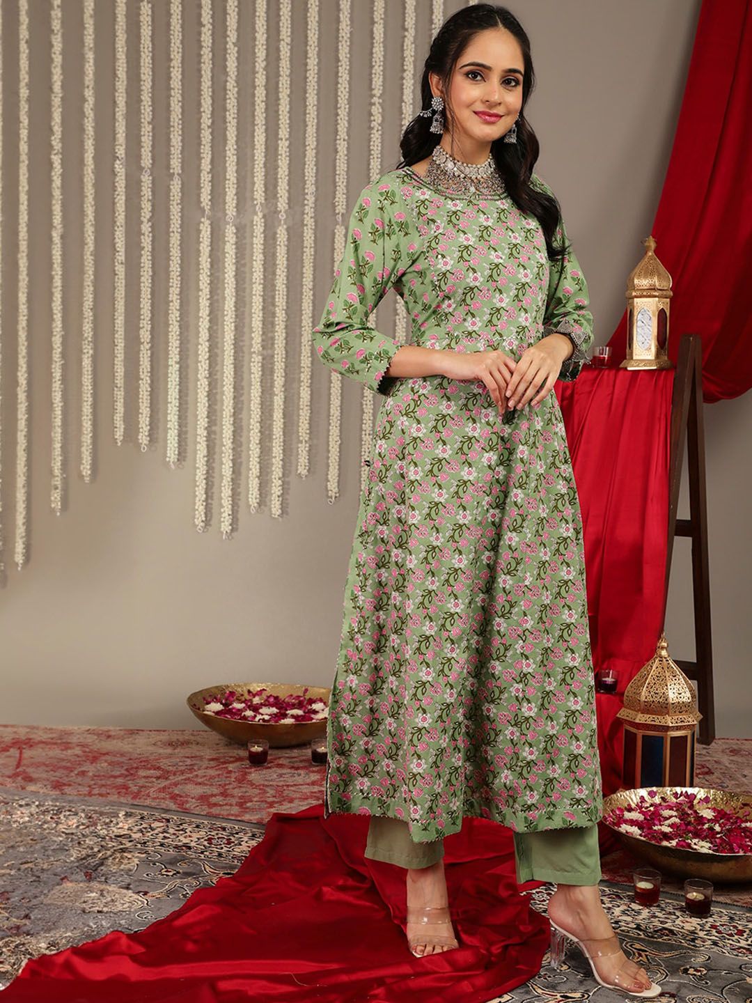 Dhiyona VA Women'sEthnic Motifs Printed Pure Cotton Regular Kurta with Trousers & With Dupatta