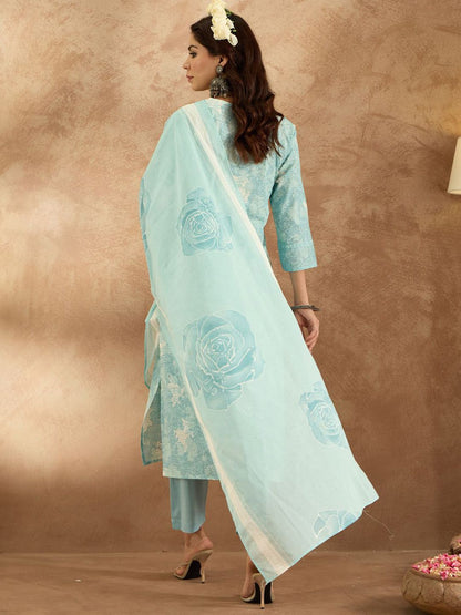 Dhiyona IE Women Floral Embroidered Pure Cotton Kurta with Trousers & Dupatta