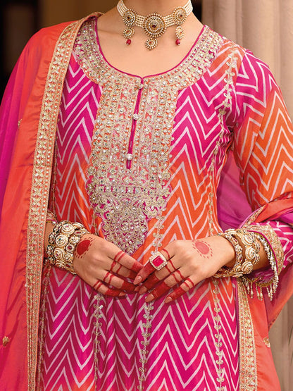 Chevron Printed Sequinned Round Neck A-Line Kurta With Palazzos & Dupatta