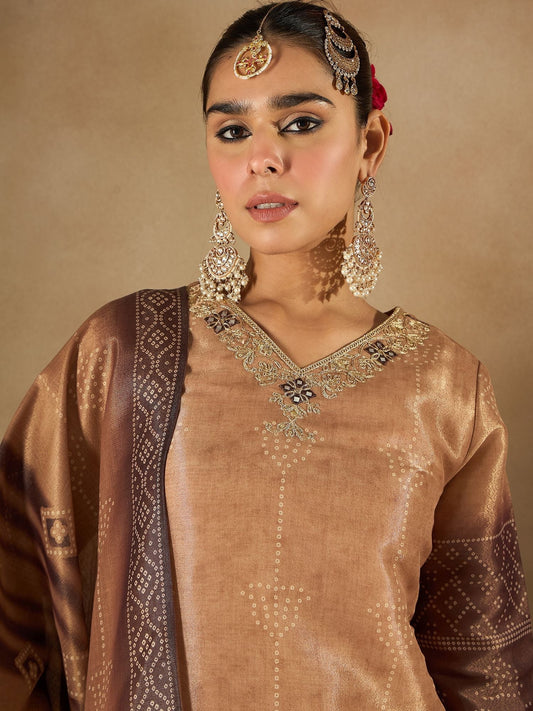 Dhiyona IE Floral Embroidered Embellished V-Neck Straight Kurta with Trouser And Dupatta
