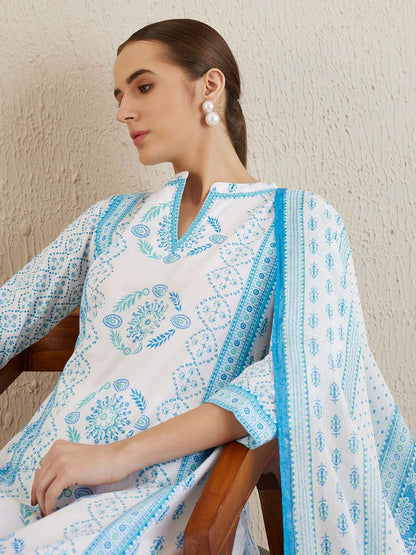 Dhiyona IE Ethnic Motifs Printed Mandarin Collar Cotton Straight Kurta & Trousers & Dupatta