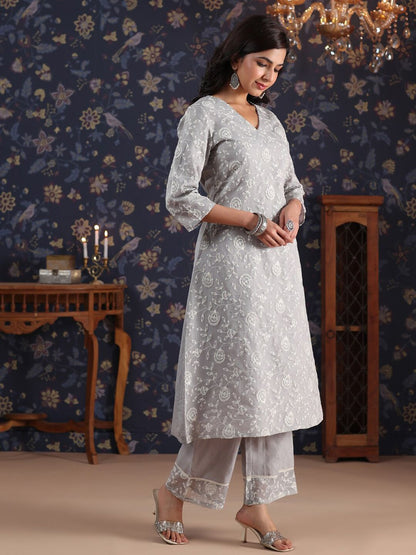 Dhiyona PD Women Floral Embroidered V Neck Sequinned A-Line Kurta With Palazzos