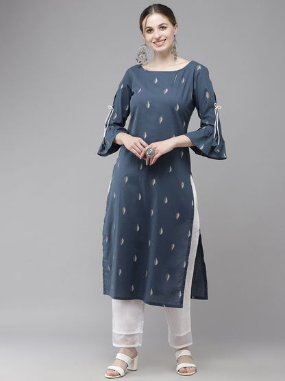Dhiyona IE Women Navy Blue Printed Bell Sleeves Kurta