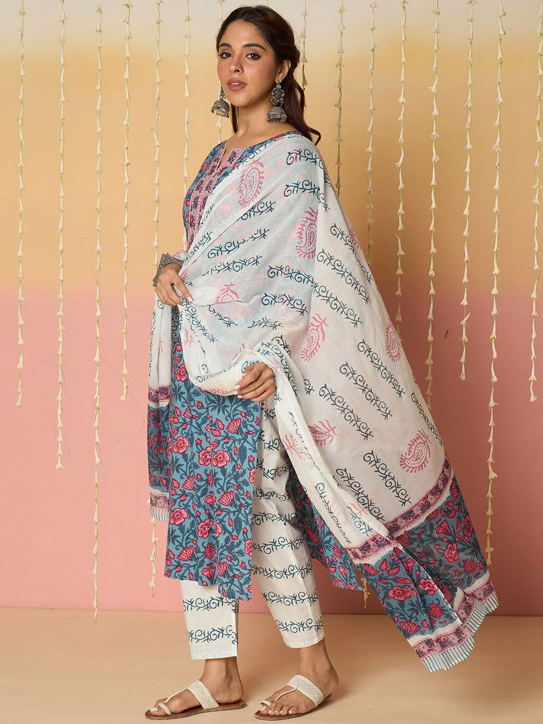 Dhiyona IE Floral Printed Notch Neck Pure Cotton Kurta With Trousers & Dupatta