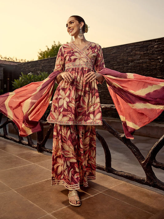 Dhiyona IS Women's Floral Printed Cotton Angrakha A-line Kurta with Sharara and Mulmul Dupatta