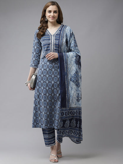 Blue & White Ethnic Print Gotta Patti A-line Kurta Trousers & Dupatta