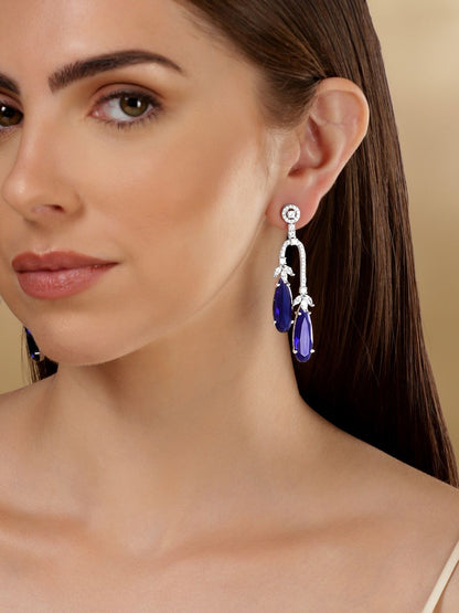 Dhiyona RJ Women's Rhodium Plated Blue Sapphire & Cubic Zirconia Studded Teardrop shaped Drop Earrings