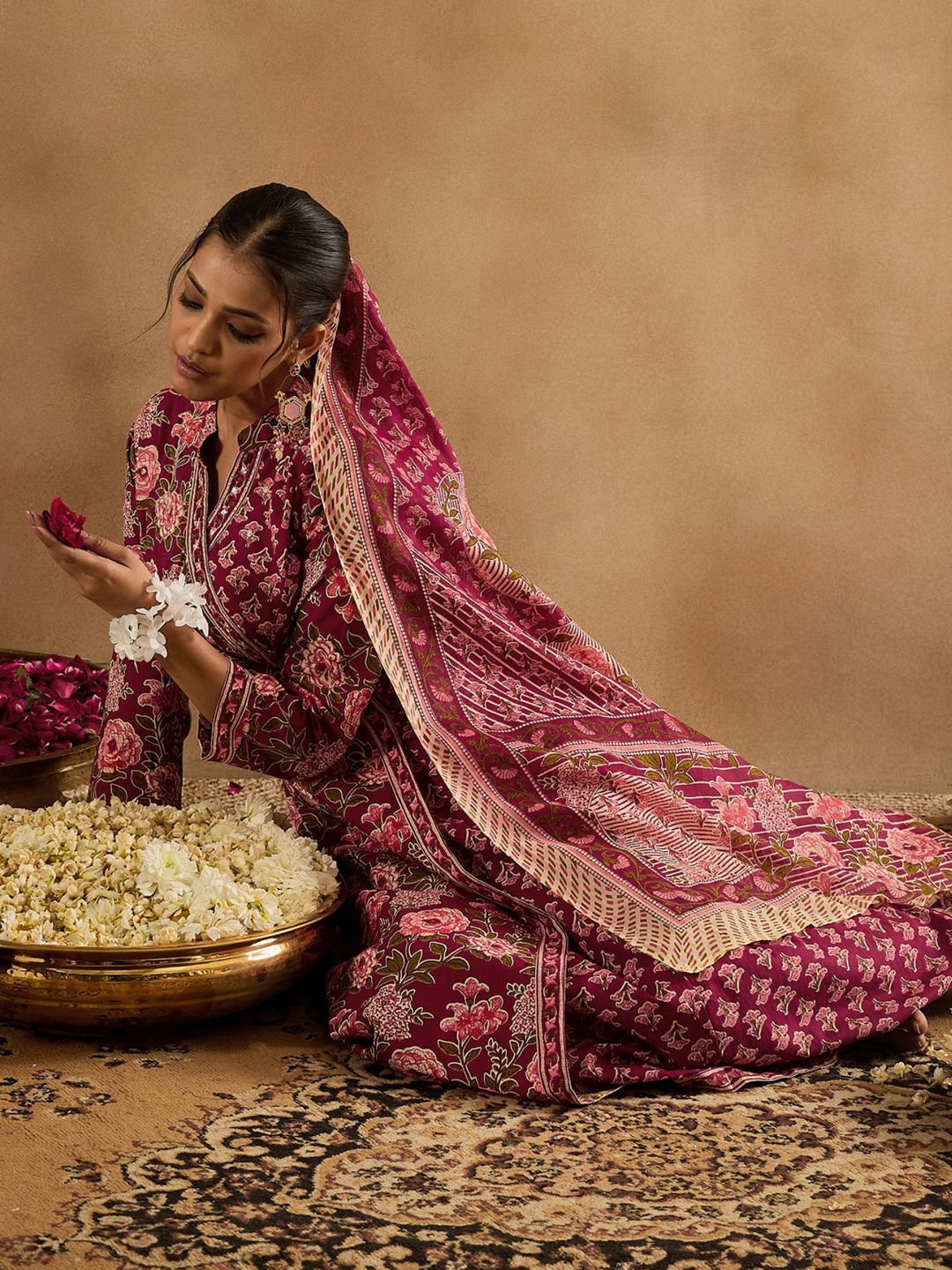 Floral Printed Angrakha Pure Cotton A-Line Kurta With Trouser & Dupatta