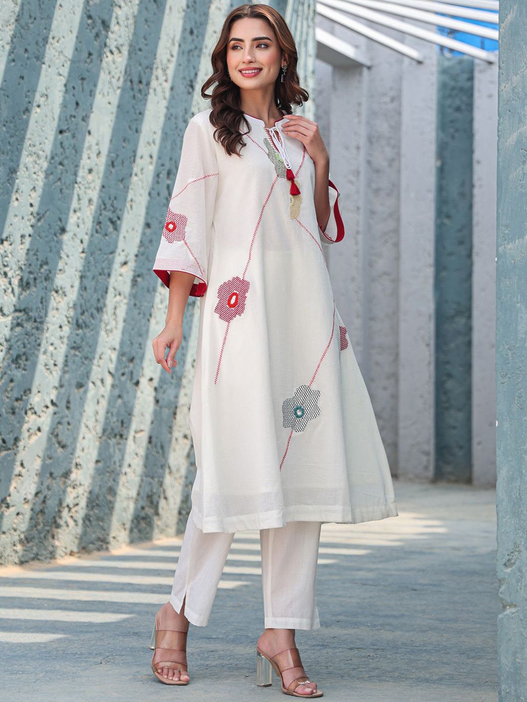Floral Embroidered Mirror Work Tie-Up Neck Pure Cotton A-Line Kurta With Trousers