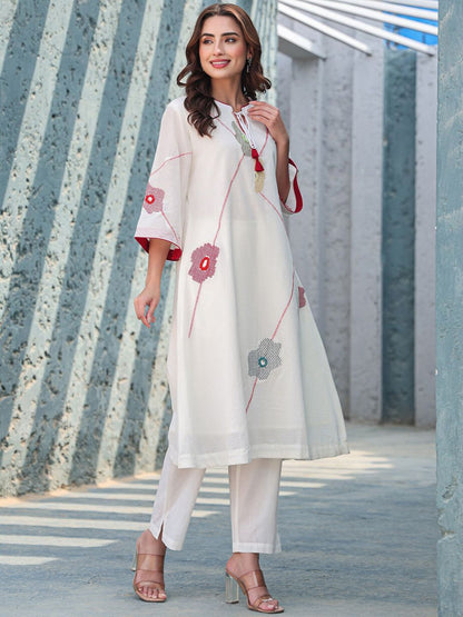 Floral Embroidered Mirror Work Tie-Up Neck Pure Cotton A-Line Kurta With Trousers