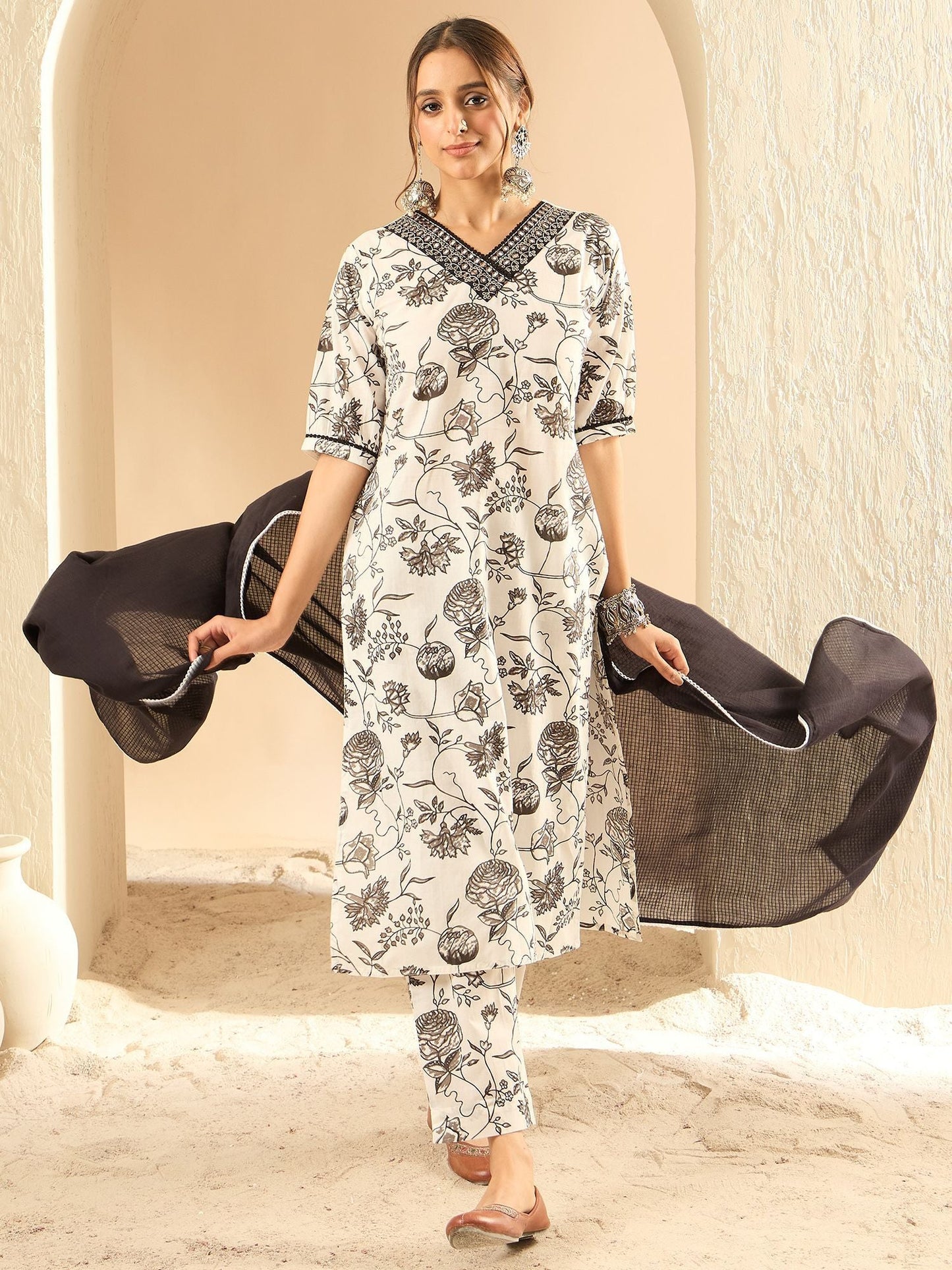 Dhiyona IE Floral Printed Embellished Pure Cotton Straight Kurta with Trouser And Dupatta