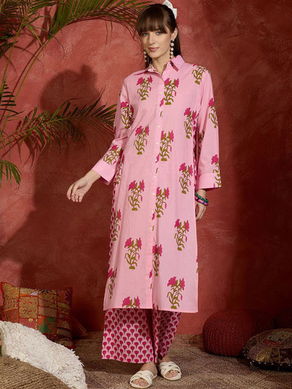 Floral Printed Shirt Collar Pure Cotton Straight Kurta With Palazzos