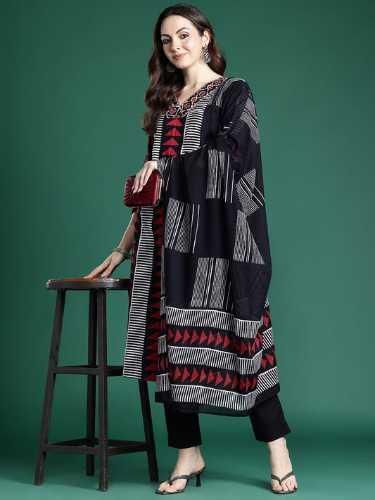 Dhiyona IE Printed Regular Thread Work Pure Cotton Kurta with Trousers & With Dupatta