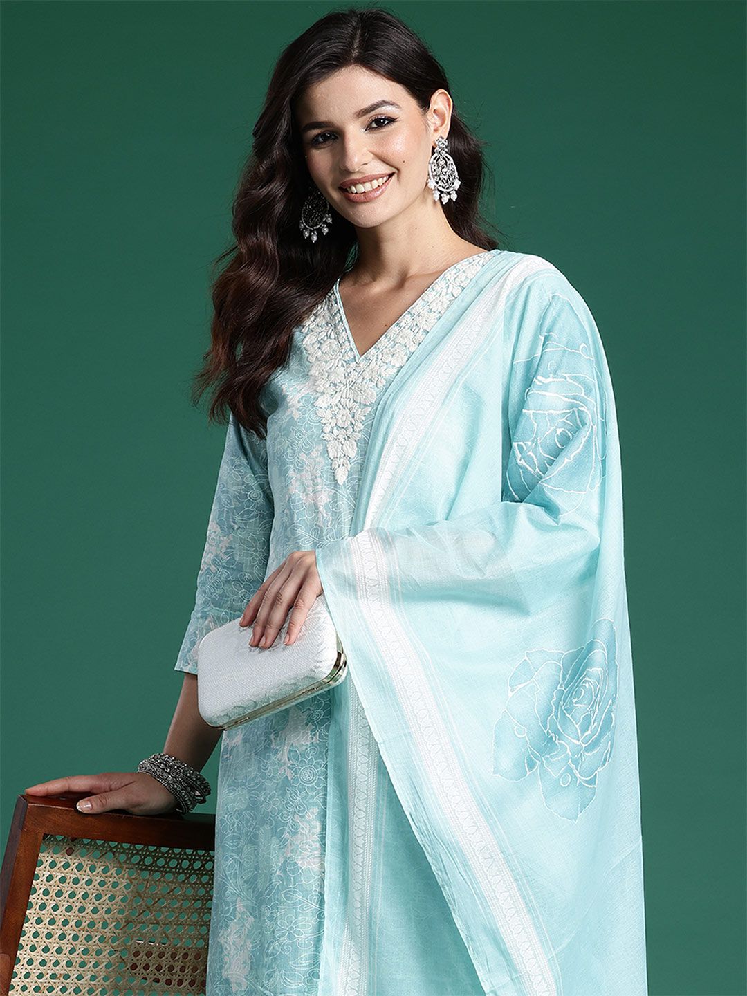 Floral Printed Thread Work Pure Cotton Kurta With Trousers & Dupatta