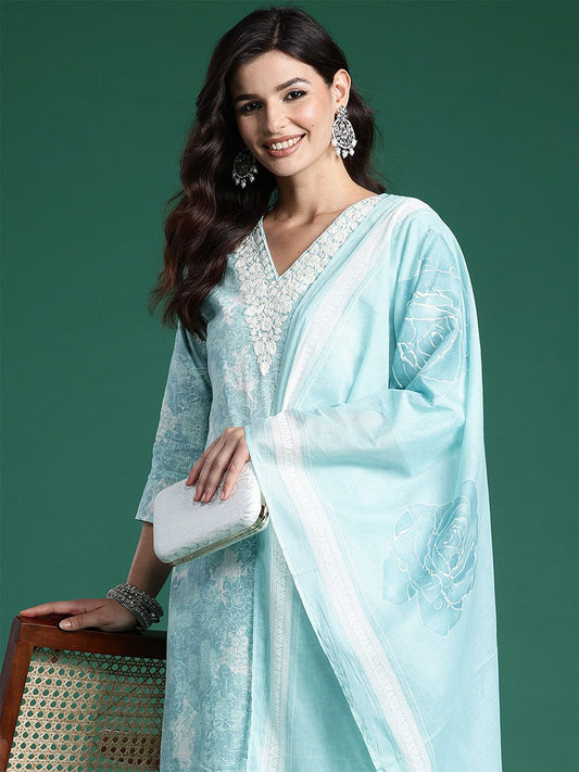 Floral Printed Thread Work Pure Cotton Kurta With Trousers & Dupatta