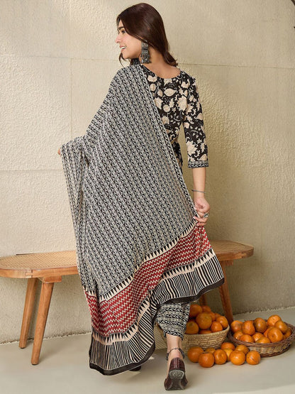 Dhiyona IE Floral Printed Notch Neck Pure Cotton Straight Kurta With Salwar & Dupatta