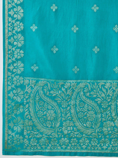 Dhiyona SO Women's Turquoise Blue Floral Printed Regular Beads and Stones Kurta With Trousers & Dupatta