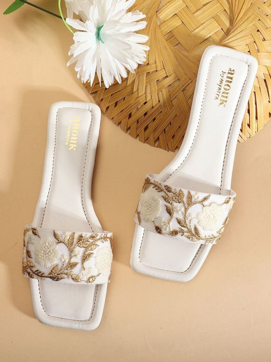 Dhiyona AK White & Gold-Toned Embroidered Open Toe Flats