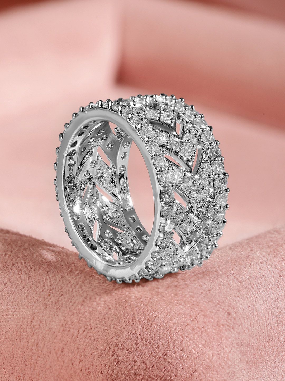 Dhiyona RJ Women's Rhodium Plated High Quality Cubic Zirconia Studded Finger Ring