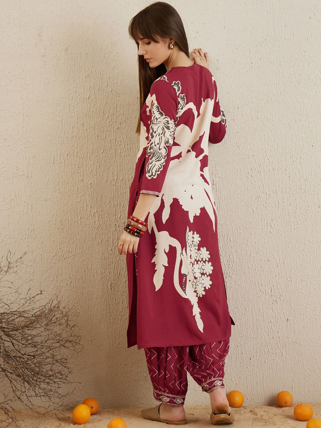 Dhiyona IE Floral Printed V-Neck Sequinned A-Line Kurta with Salwar