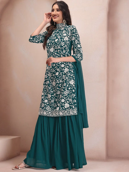 Dhiyona IN Floral Embroidered Regular Thread Work Kurta with Sharara & Dupatta