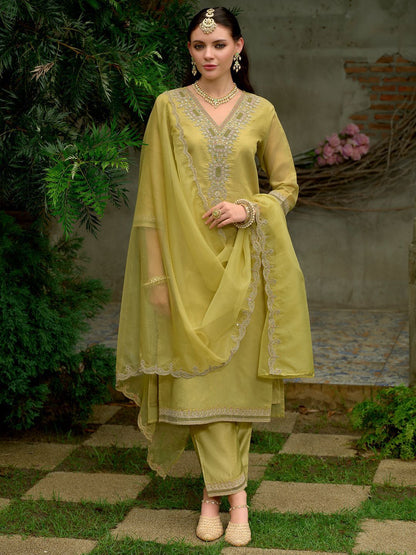 Ethnic Motifs Embroidered Zari Kurta with Trousers & Dupatta