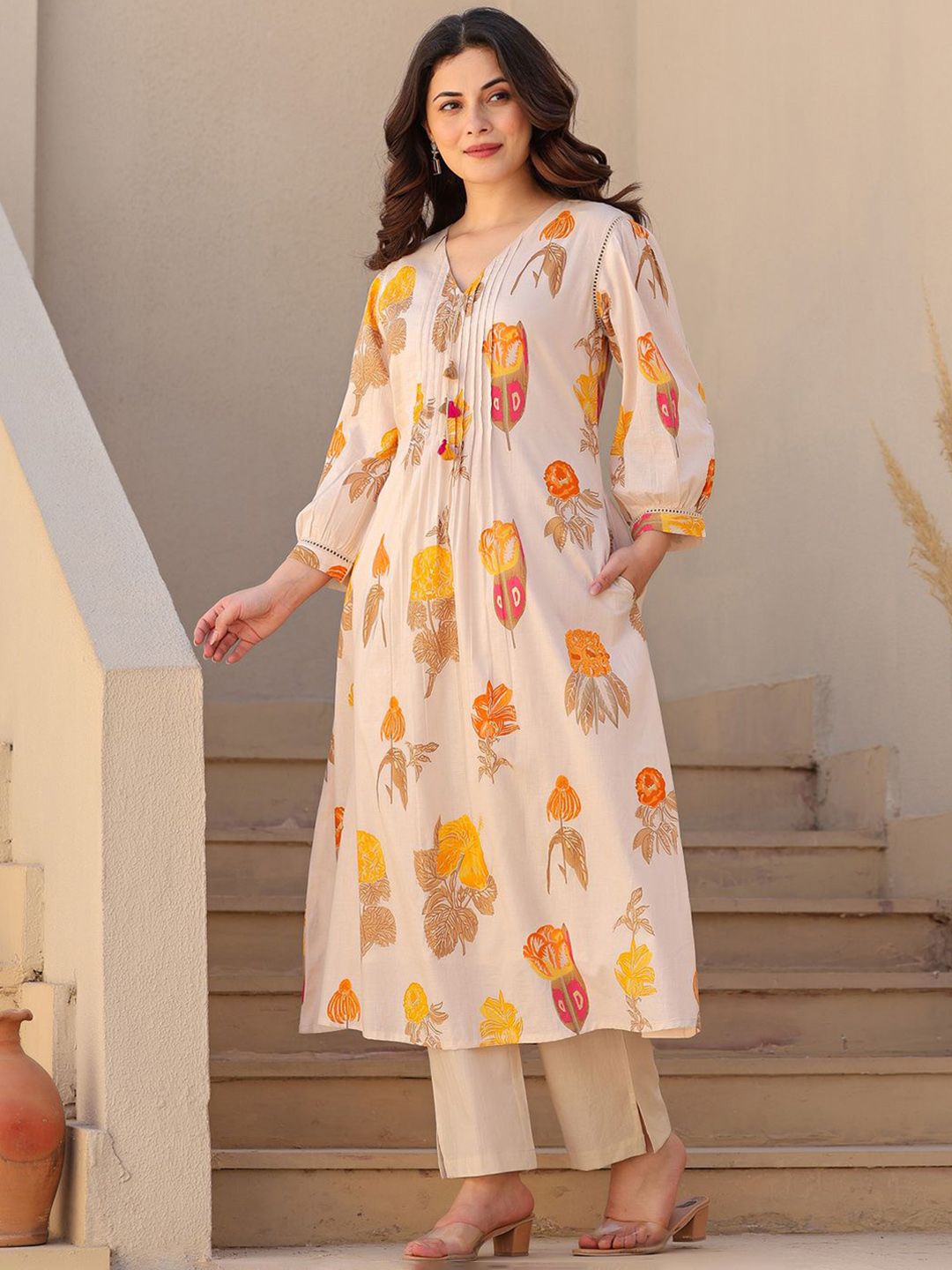 Dhiyona IE Printed Pure Cotton A-line Tunic & Trousers Co-Ord Set