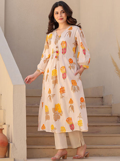 Dhiyona IE Printed Pure Cotton A-line Tunic & Trousers Co-Ord Set