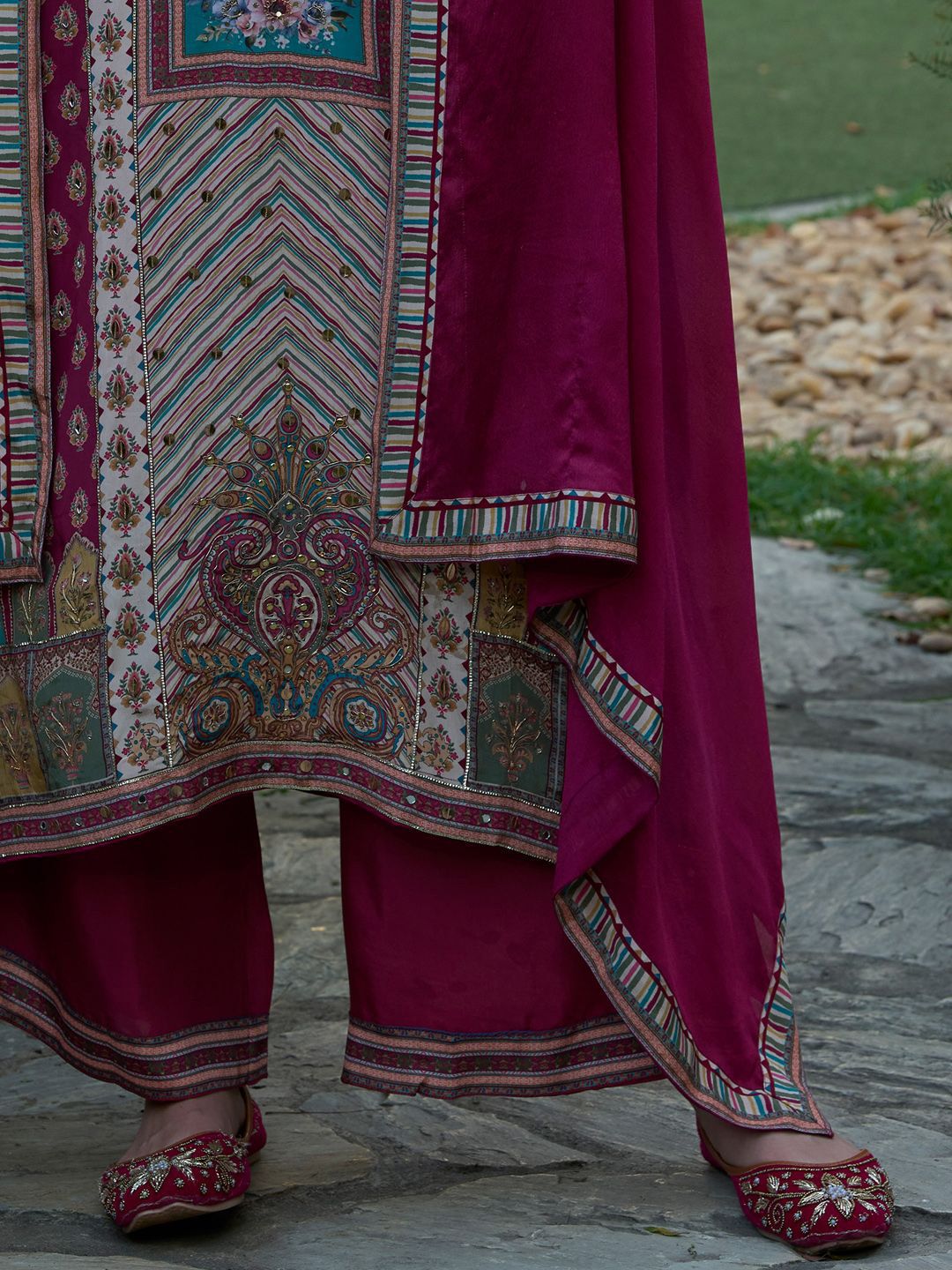 Floral Printed Mirror Work Liva A-Line Kurta with Palazzos & Dupatta