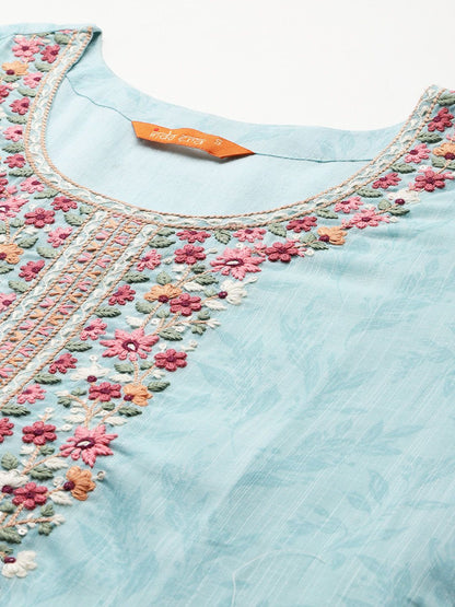 Floral Embroidered Linen Kurta with Trousers & With Dupatta