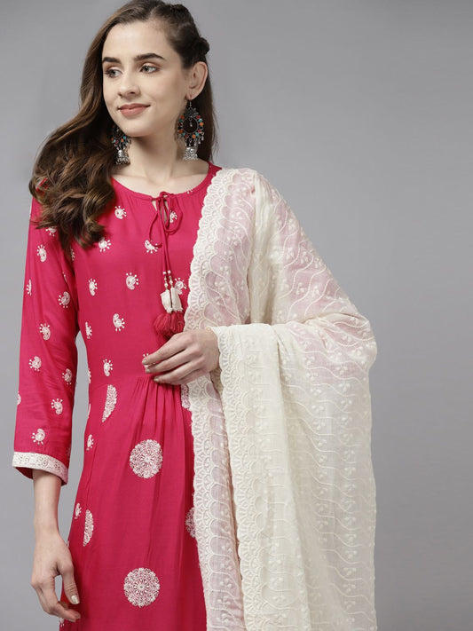 Dhiyona IE Women Pink Paisley Embroidered Pleated Kurta with Trousers & Dupatta