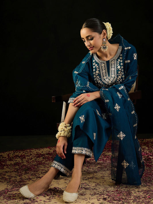 Dhiyona IE Ethnic Motifs Embroidered Gotta Patti Straight Kurta With Trousers & Dupatta