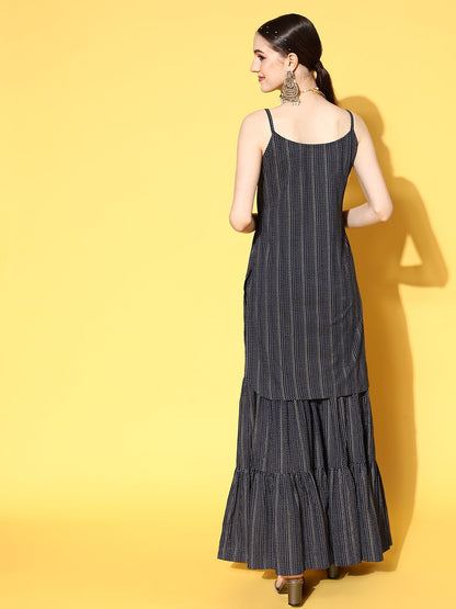 Dhiyona IE Women Navy Blue Printed Pure Cotton Kurta with Sharara