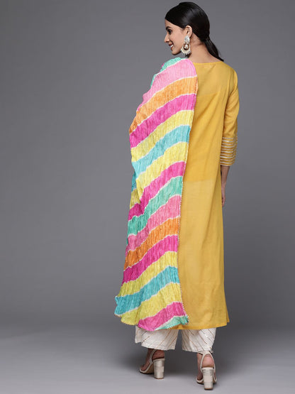 Dhiyona VA Women's Mustard Yellow & Yellow Gotta Patti Cotton Kurta with Palazzos & Dupatta