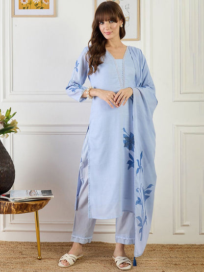 Women Floral Printed Regular Patchwork Linen Kurta with Trousers & Dupatta