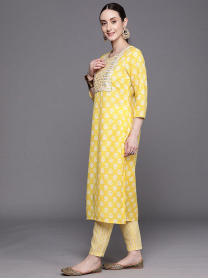 Floral Printed Three-Quarter Sleeves Sequinned Pure Cotton Straight Kurta Set