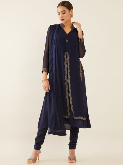 Dhiyona SO Women's Women Navy Blue Embellished Layered Silk Georgette Kurta with Churidar & Dupatta