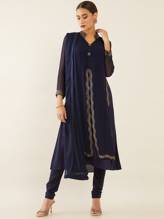 Dhiyona SO Women's Women Navy Blue Embellished Layered Silk Georgette Kurta with Churidar & Dupatta